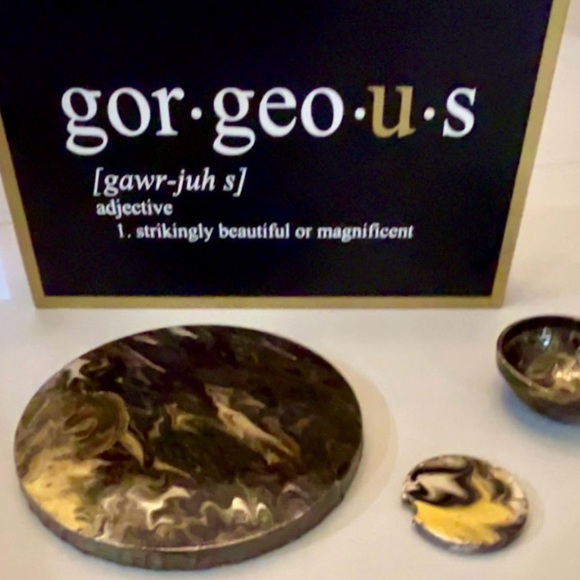 Gorgeous Handmade Gold Black and White Marble Abstract 3 Piece Home Decor Set - Picture 3 of 6